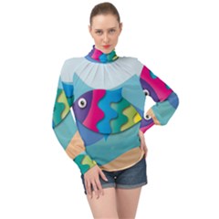 Illustrations Fish Sea Summer Colorful Rainbow High Neck Long Sleeve Chiffon Top