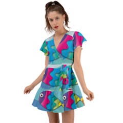 Illustrations Fish Sea Summer Colorful Rainbow Flutter Sleeve Wrap Dress by HermanTelo