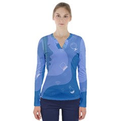 Online Woman Beauty Blue V-neck Long Sleeve Top