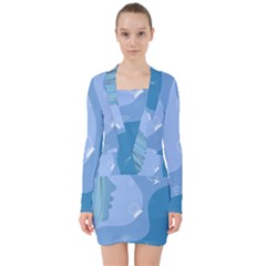 Online Woman Beauty Blue V-neck Bodycon Long Sleeve Dress by Mariart