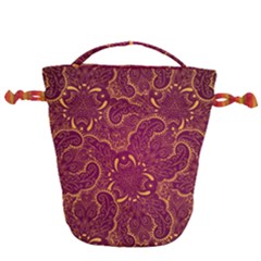 Golden Red Pattern Drawstring Bucket Bag by designsbymallika