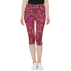 Golden Red Pattern Inside Out Lightweight Velour Capri Leggings  by designsbymallika