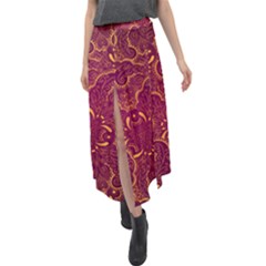 Golden Red Pattern Velour Split Maxi Skirt by designsbymallika