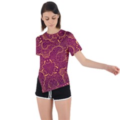 Golden Red Pattern Asymmetrical Short Sleeve Sports Tee by designsbymallika