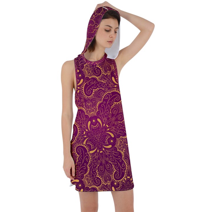 Golden Red Pattern Racer Back Hoodie Dress