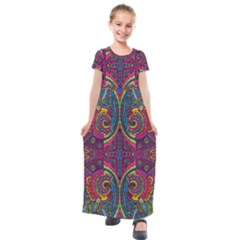 Colorful Boho Pattern Kids  Short Sleeve Maxi Dress by designsbymallika