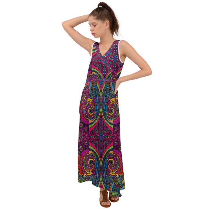 Colorful Boho Pattern V-Neck Chiffon Maxi Dress