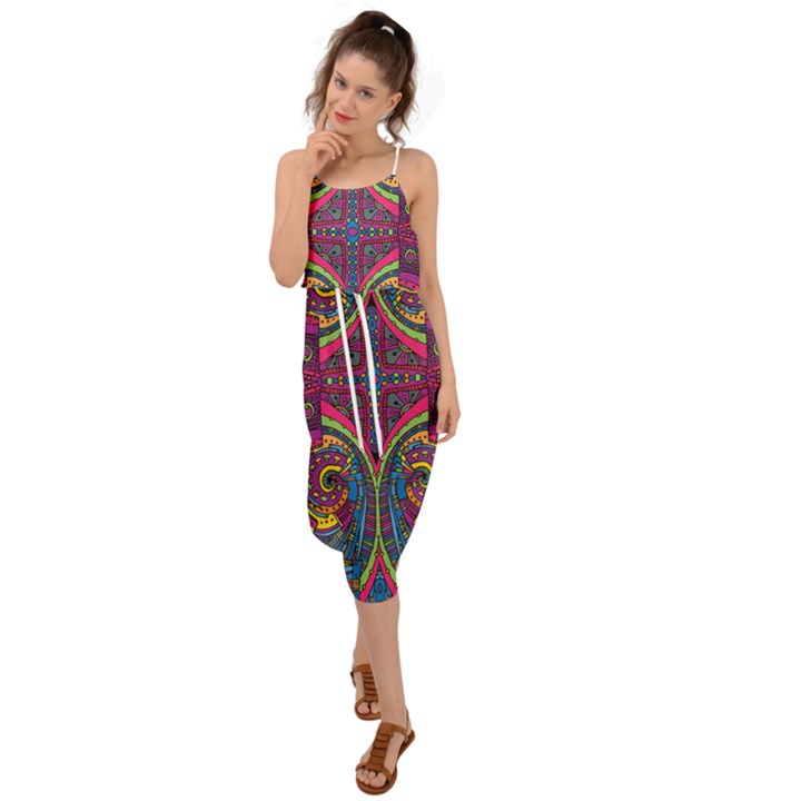 Colorful Boho Pattern Waist Tie Cover Up Chiffon Dress