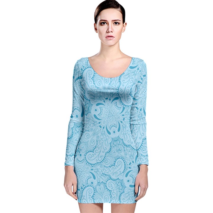 Blue Lines Pattern Long Sleeve Velvet Bodycon Dress