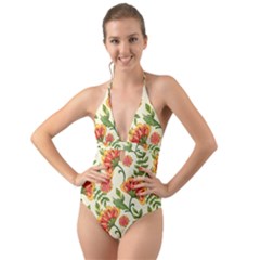 Orange Flowers Halter Cut-out One Piece Swimsuit by designsbymallika