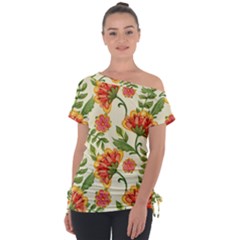 Orange Flowers Off Shoulder Tie-up Tee