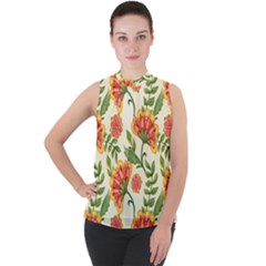 Orange Flowers Mock Neck Chiffon Sleeveless Top by designsbymallika