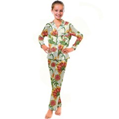 Orange Flowers Kid s Satin Long Sleeve Pajamas Set by designsbymallika