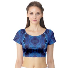 Blue Golden Marble Print Short Sleeve Crop Top by designsbymallika