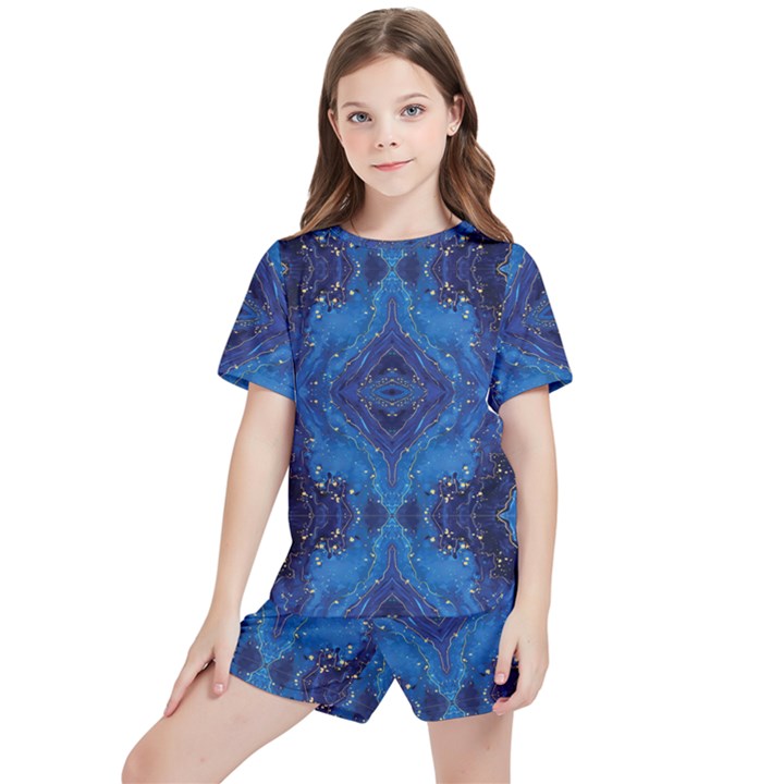 Blue Golden Marble Print Kids  Tee and Sports Shorts Set