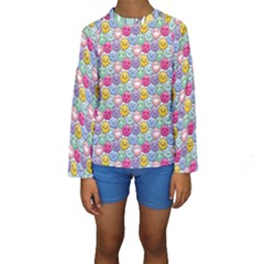 Cute Emoticon Pattern Kids  Long Sleeve Swimwear by designsbymallika