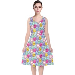 Cute Emoticon Pattern V-neck Midi Sleeveless Dress 