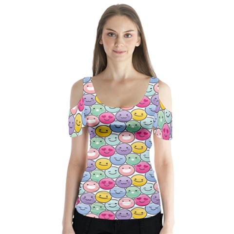 Cute Emoticon Pattern Butterfly Sleeve Cutout Tee  by designsbymallika