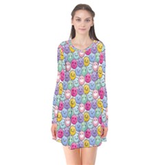 Cute Emoticon Pattern Long Sleeve V-neck Flare Dress by designsbymallika