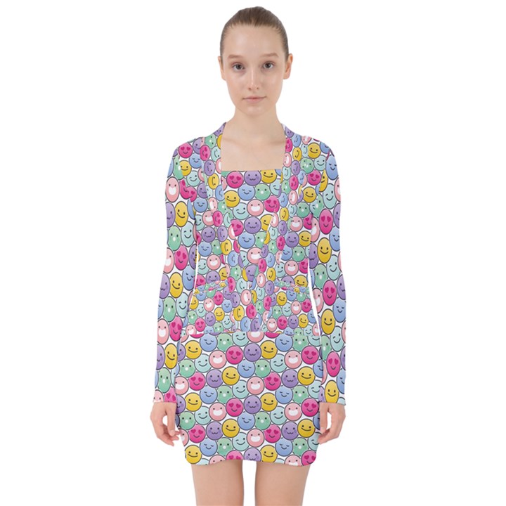 Cute Emoticon Pattern V-neck Bodycon Long Sleeve Dress