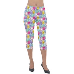 Cute Emoticon Pattern Lightweight Velour Capri Leggings  by designsbymallika