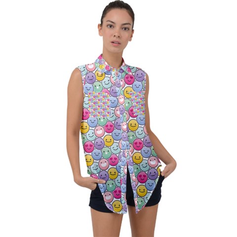 Cute Emoticon Pattern Sleeveless Chiffon Button Shirt by designsbymallika