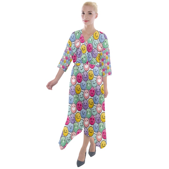 Cute Emoticon Pattern Quarter Sleeve Wrap Front Maxi Dress