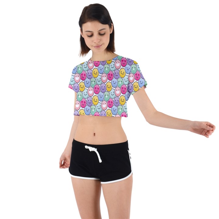 Cute Emoticon Pattern Tie Back Short Sleeve Crop Tee