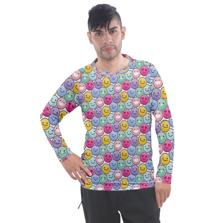 Cute Emoticon Pattern Men s Pique Long Sleeve Tee