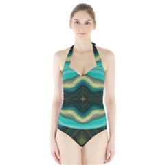 Green Golden Marble Print Halter Swimsuit by designsbymallika