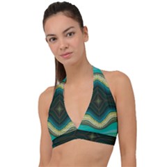 Green Golden Marble Print Halter Plunge Bikini Top by designsbymallika