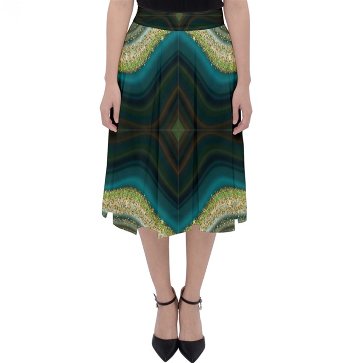 Green Golden Marble Print Classic Midi Skirt