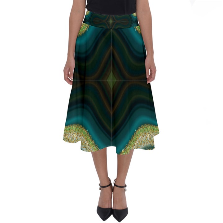 Green Golden Marble Print Perfect Length Midi Skirt