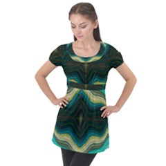 Green Golden Marble Print Puff Sleeve Tunic Top by designsbymallika