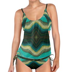 Green Golden Marble Print Tankini Set by designsbymallika