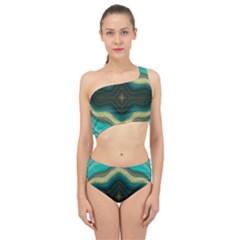 Green Golden Marble Print Spliced Up Two Piece Swimsuit by designsbymallika