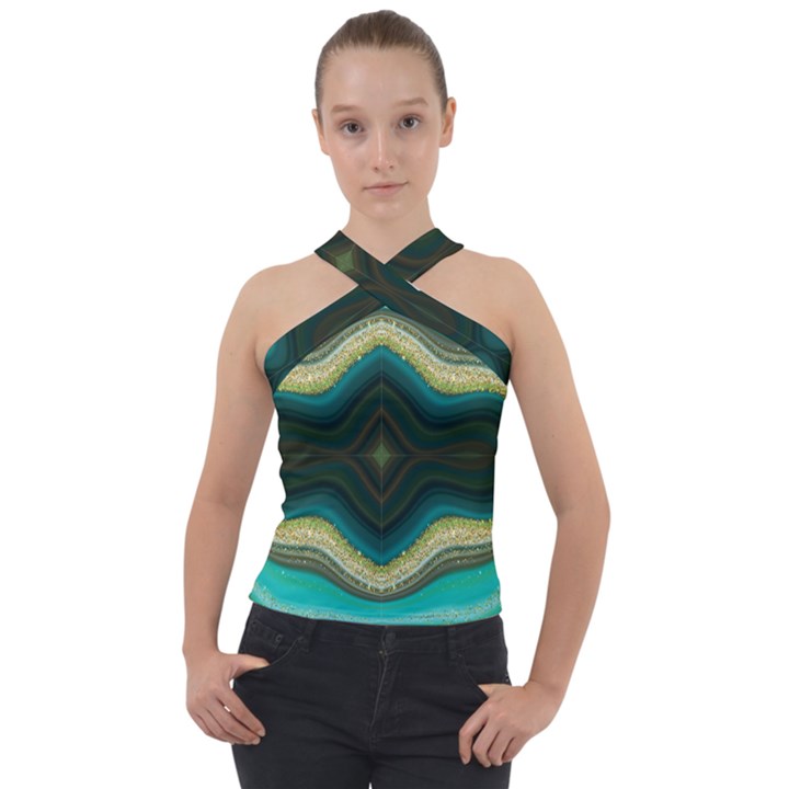 Green Golden Marble Print Cross Neck Velour Top