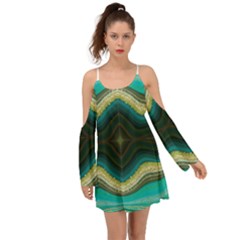 Green Golden Marble Print Kimono Sleeves Boho Dress