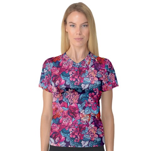 Pink Blue Flowers V-neck Sport Mesh Tee by designsbymallika