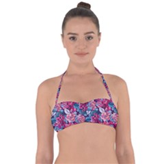 Pink Blue Flowers Halter Bandeau Bikini Top by designsbymallika