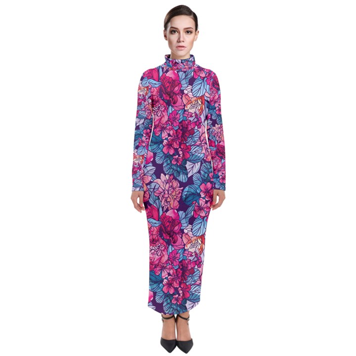 Pink Blue Flowers Turtleneck Maxi Dress