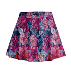 Pink Blue Flowers Mini Flare Skirt by designsbymallika