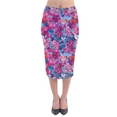 Pink Blue Flowers Velvet Midi Pencil Skirt by designsbymallika