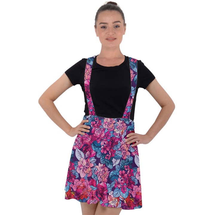 Pink Blue Flowers Velvet Suspender Skater Skirt