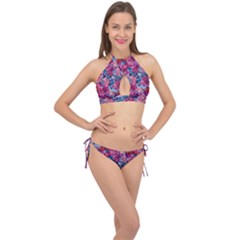 Pink Blue Flowers Cross Front Halter Bikini Set by designsbymallika