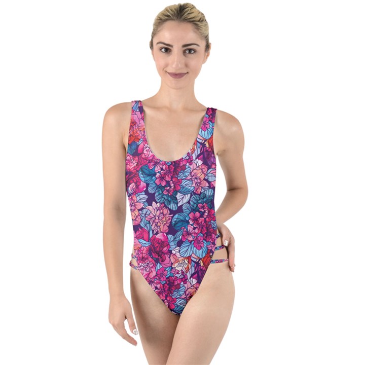 Pink Blue Flowers High Leg Strappy Swimsuit