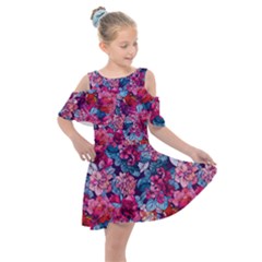 Pink Blue Flowers Kids  Shoulder Cutout Chiffon Dress by designsbymallika