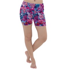 Pink Blue Flowers Lightweight Velour Yoga Shorts by designsbymallika