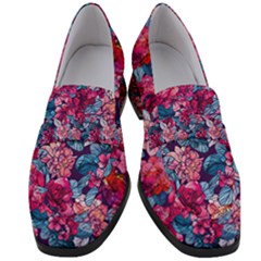 Pink Blue Flowers Women s Chunky Heel Loafers by designsbymallika