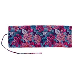 Pink Blue Flowers Roll Up Canvas Pencil Holder (m) by designsbymallika